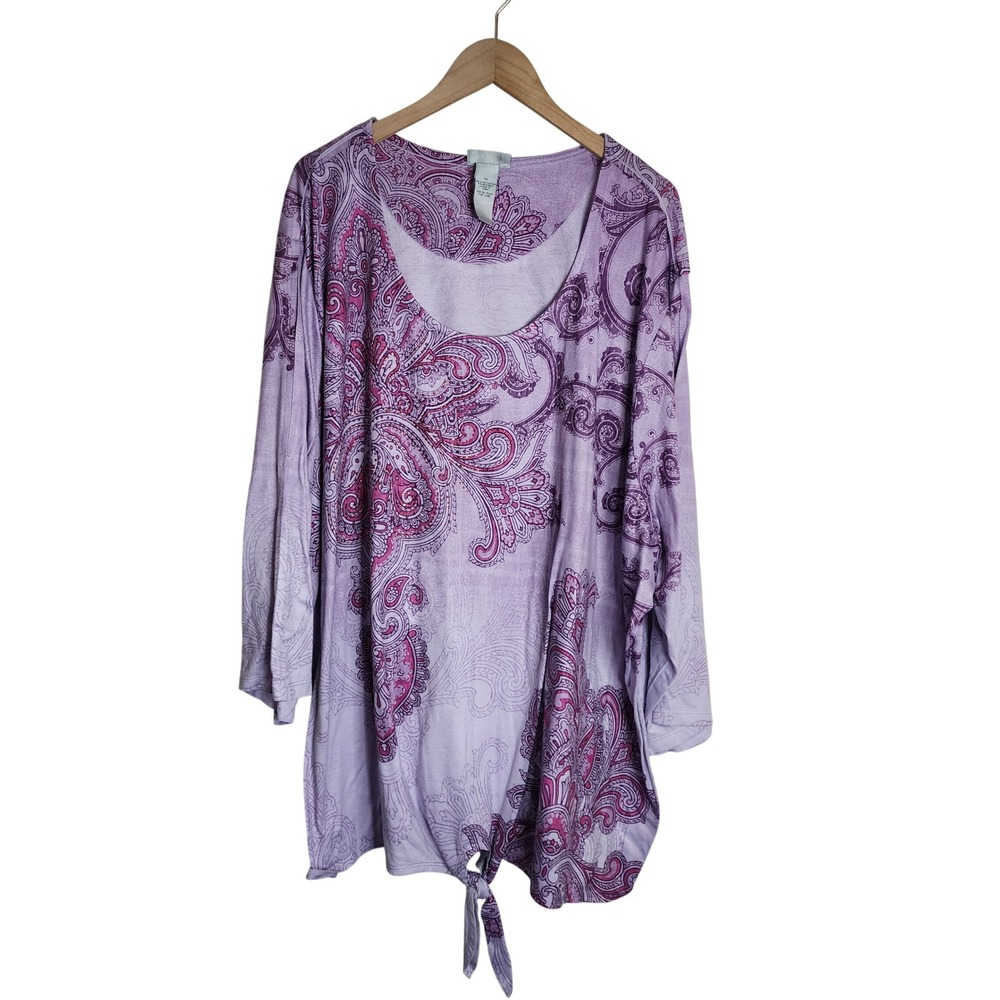 Catherines Tunic Top Womens 5X Purple Paisley Rhinestone Front Tie 3/4 Sleeve